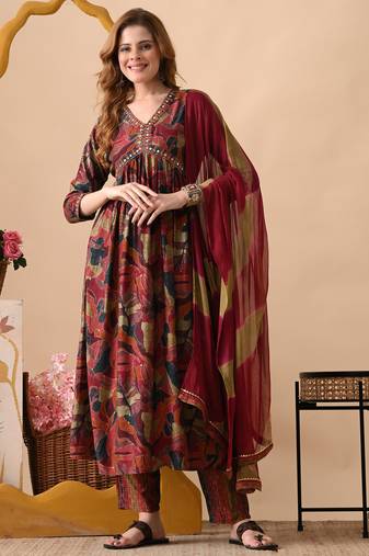 Maroon women embroidered floral printed aline kurta pant with dupatta set