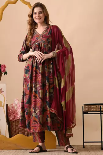Maroon women embroidered floral printed aline kurta pant with dupatta set