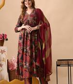 Maroon women embroidered floral printed aline kurta pant with dupatta set