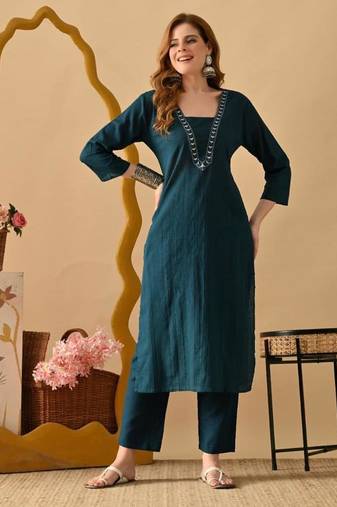 Tealblue women embroidered self design aline kurta with pant with  set