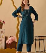 Tealblue women embroidered self design aline kurta with pant with  set