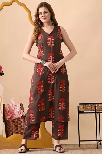 Coffee brown women floral printed aline kurta with pant set