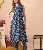 Blue women floral printed aline kurta with pant set