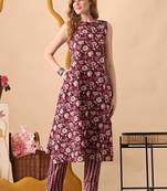 Maroon women floral printed aline kurta with pant set