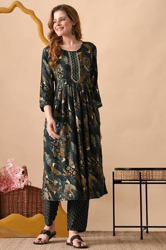 Green women embroidered floral printed aline kurta with pant set
