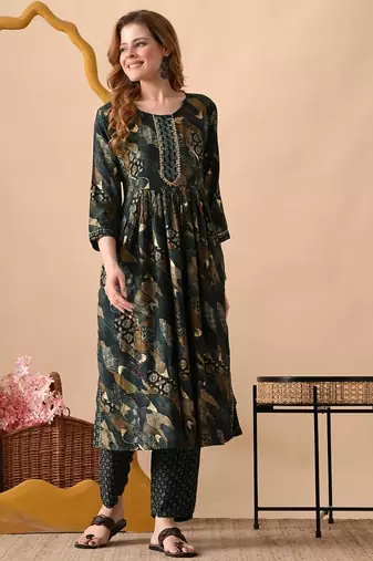 Green women embroidered floral printed aline kurta with pant set