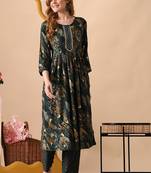 Green women embroidered floral printed aline kurta with pant set