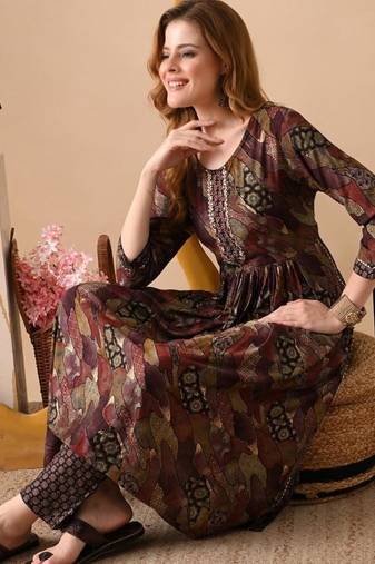 Maroon women embroidered floral printed aline kurta with pant set