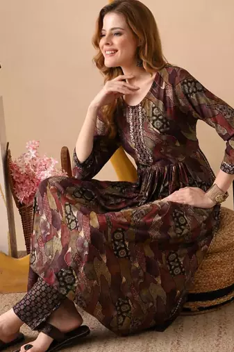 Maroon women embroidered floral printed aline kurta with pant set