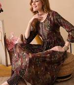 Maroon women embroidered floral printed aline kurta with pant set
