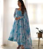 Aqua blue printed anarkali Dress with Dupatta