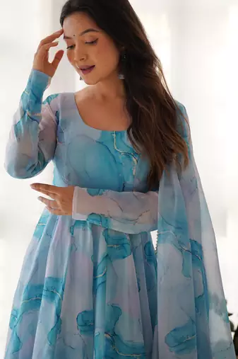 Aqua blue printed anarkali Dress with Dupatta