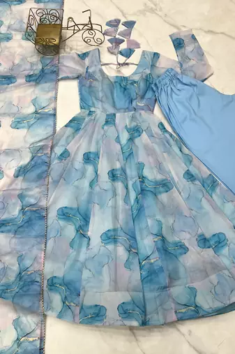 Aqua blue printed anarkali Dress with Dupatta