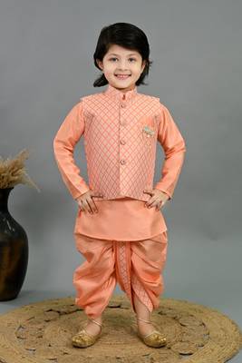 Boys peach cotton silk diamond pattern kurta & dhoti set with waistcoat 1