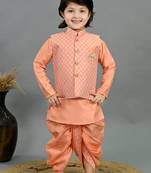 Boys peach cotton silk diamond pattern kurta & dhoti set with waistcoat