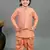 Boys peach cotton silk diamond pattern kurta & dhoti set with waistcoat