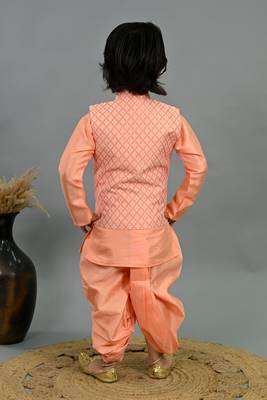 Boys peach cotton silk diamond pattern kurta & dhoti set with waistcoat 2