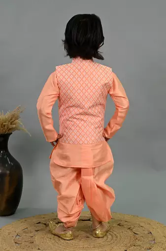 Boys peach cotton silk diamond pattern kurta & dhoti set with waistcoat