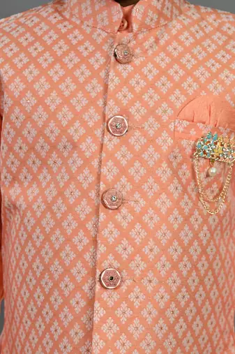 Boys peach cotton silk diamond pattern kurta & dhoti set with waistcoat