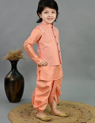 Boys peach cotton silk diamond pattern kurta & dhoti set with waistcoat 4