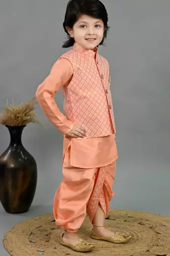 Boys peach cotton silk diamond pattern kurta & dhoti set with waistcoat
