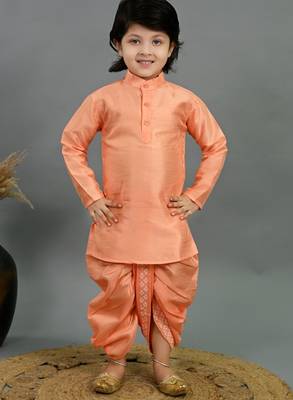Boys peach cotton silk diamond pattern kurta & dhoti set with waistcoat 5