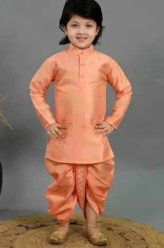 Boys peach cotton silk diamond pattern kurta & dhoti set with waistcoat