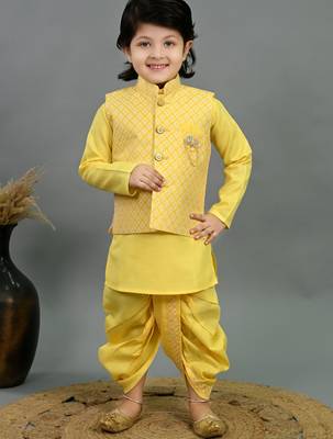 Boys yellow cotton silk diamond pattern kurta & dhoti set with waistcoat 1