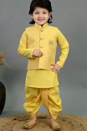 Boys yellow cotton silk diamond pattern kurta & dhoti set with waistcoat