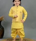 Boys yellow cotton silk diamond pattern kurta & dhoti set with waistcoat