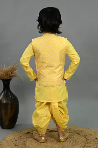 Boys yellow cotton silk diamond pattern kurta & dhoti set with waistcoat