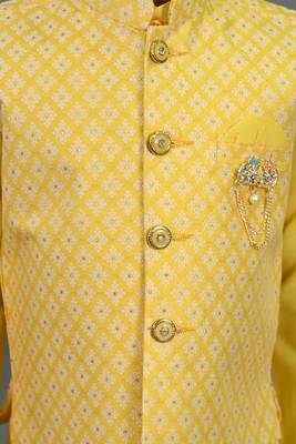 Boys yellow cotton silk diamond pattern kurta & dhoti set with waistcoat 3