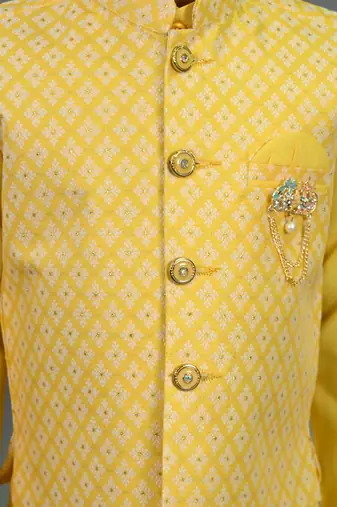 Boys yellow cotton silk diamond pattern kurta & dhoti set with waistcoat