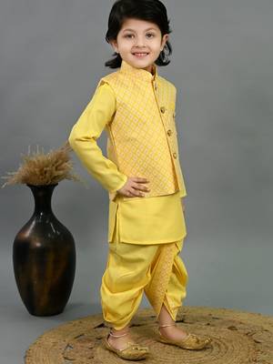Boys yellow cotton silk diamond pattern kurta & dhoti set with waistcoat 4