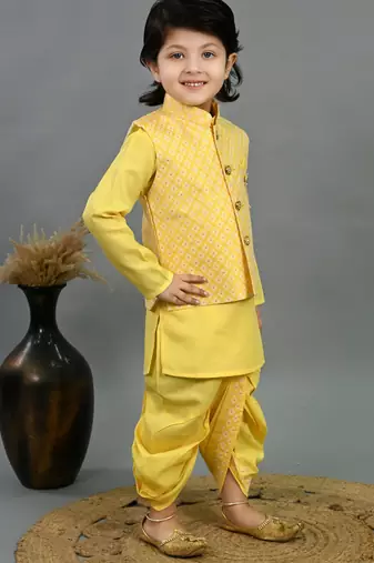 Boys yellow cotton silk diamond pattern kurta & dhoti set with waistcoat