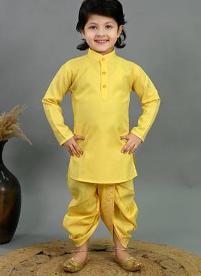 Boys yellow cotton silk diamond pattern kurta & dhoti set with waistcoat 5