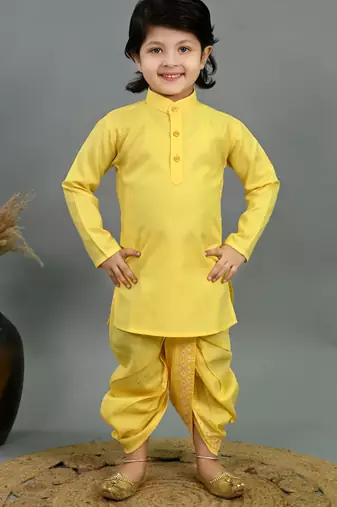 Boys yellow cotton silk diamond pattern kurta & dhoti set with waistcoat