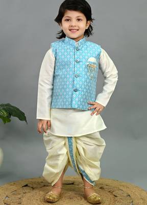 Boys sky blue & white cotton silk geometric buti motifs kurta & dhoti set with waistcoat 1