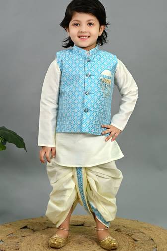 Boys sky blue & white cotton silk geometric buti motifs kurta & dhoti set with waistcoat