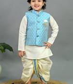 Boys sky blue & white cotton silk geometric buti motifs kurta & dhoti set with waistcoat