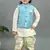 Boys sky blue & white cotton silk geometric buti motifs kurta & dhoti set with waistcoat