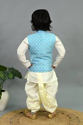 Boys sky blue & white cotton silk geometric buti motifs kurta & dhoti set with waistcoat 2