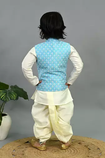 Boys sky blue & white cotton silk geometric buti motifs kurta & dhoti set with waistcoat