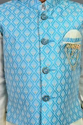 Boys sky blue & white cotton silk geometric buti motifs kurta & dhoti set with waistcoat 3