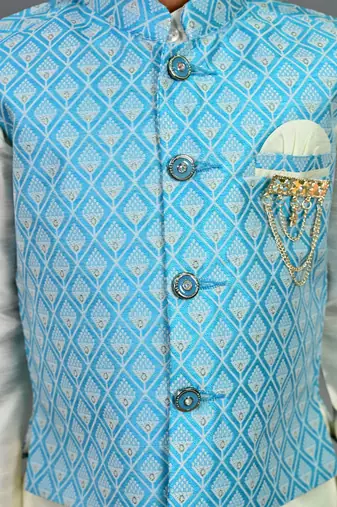 Boys sky blue & white cotton silk geometric buti motifs kurta & dhoti set with waistcoat
