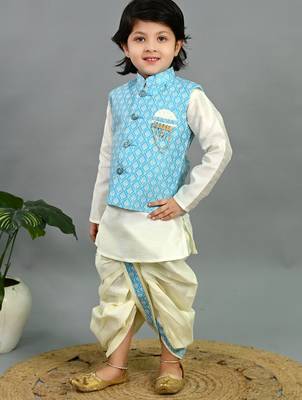 Boys sky blue & white cotton silk geometric buti motifs kurta & dhoti set with waistcoat 4