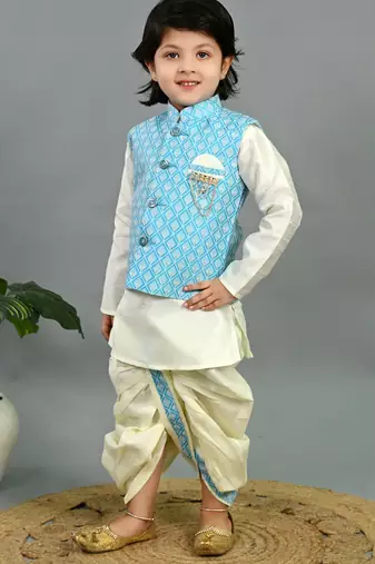 Boys sky blue & white cotton silk geometric buti motifs kurta & dhoti set with waistcoat