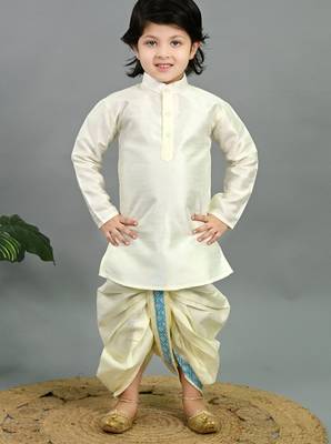 Boys sky blue & white cotton silk geometric buti motifs kurta & dhoti set with waistcoat 5