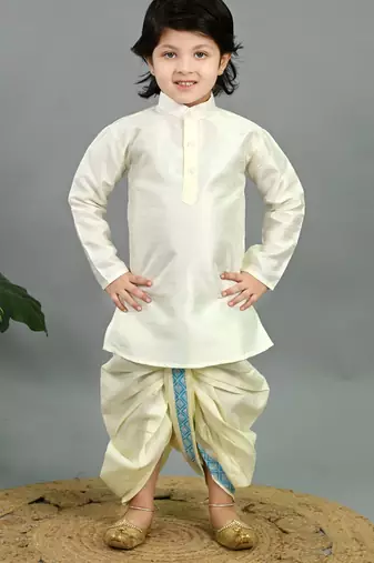 Boys sky blue & white cotton silk geometric buti motifs kurta & dhoti set with waistcoat