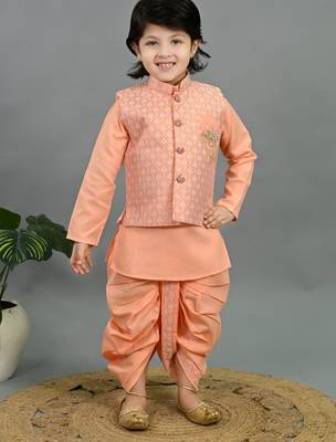 Boys peach cotton silk geometric buti motifs kurta & dhoti set with waistcoat 1